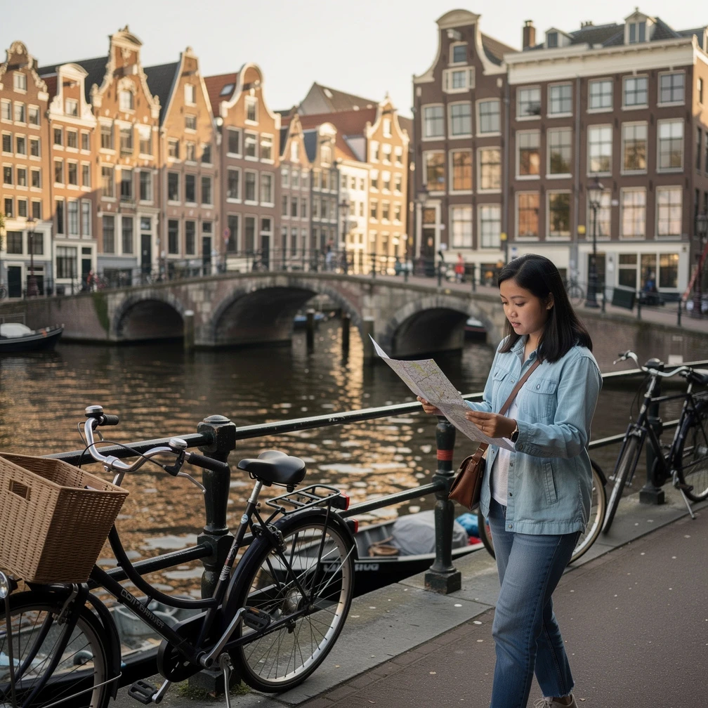 Mahasiswa Indonesia berjalan di sepanjang kanal Amsterdam dengan deretan rumah khas Belanda di latar belakang. Beasiswa BIM Magang Luar Negeri 2026.