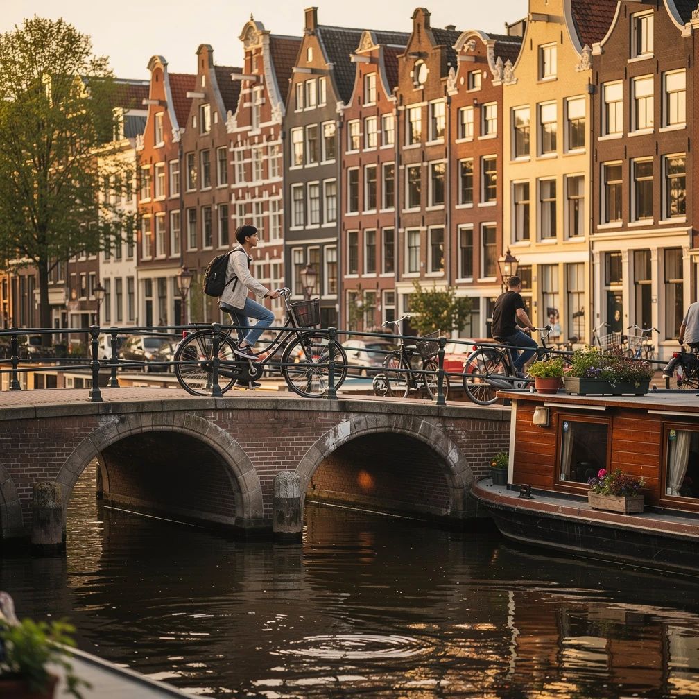 Mahasiswa Indonesia bersepeda melewati jembatan di atas kanal Amsterdam untuk magang internasional LPDP 2026