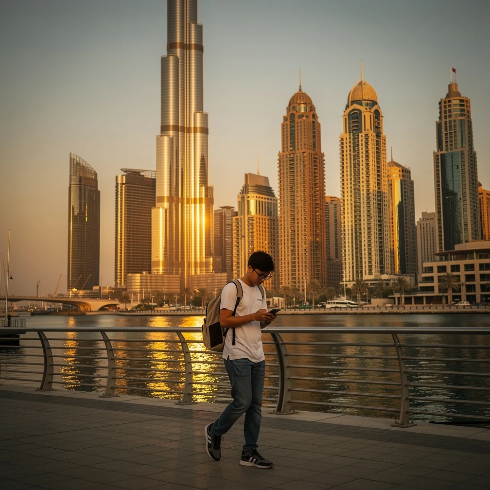 Mahasiswa Indonesia berjalan di Dubai Marina dengan Burj Khalifa dan skyline Dubai di latar belakang