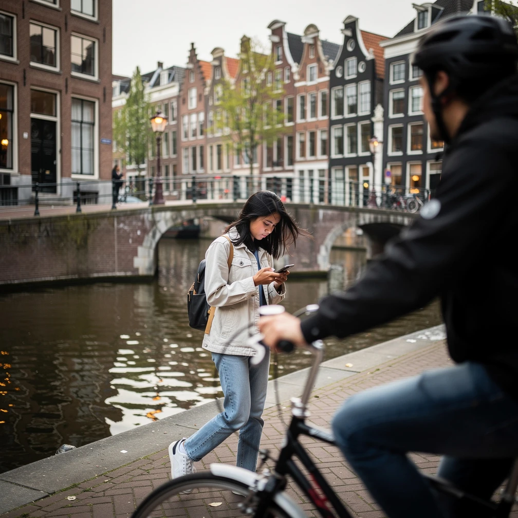 Mahasiswa Indonesia berjalan di kanal Amsterdam, menghitung anggaran uang saku IISMA untuk penempatan di Eropa