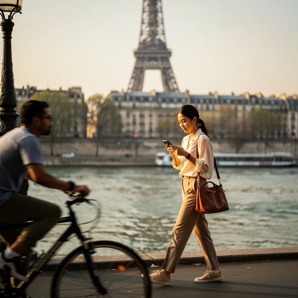 Mahasiswa Indonesia berjalan di tepi Sungai Seine dengan Menara Eiffel di belakangnya, membayangkan penempatan IISMA di Eropa