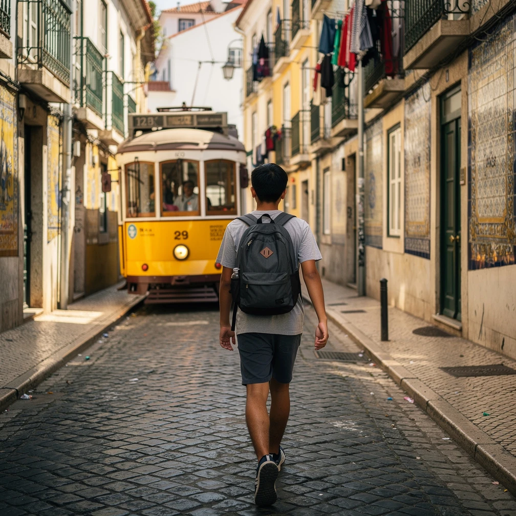 Pemandangan kota Lisbon, Portugal dengan trem kuning dan bangunan tepi sungai Tagus