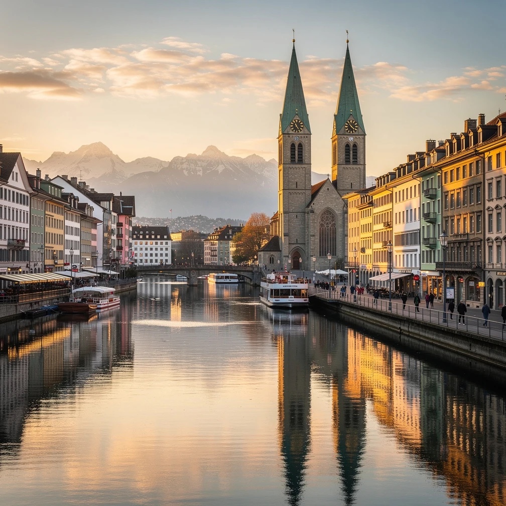 Pemandangan kota Zurich, Swiss, dengan danau dan pegunungan Alpen